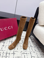 GUCCI 26S HORSEBIT KNEE-HIGH BOOTS 75 MM IN BROWN SUEDE