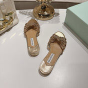 AQUAZZURA 26S SLIDES IN LIGHT GOLD LAMBSKIN CRYSTAL EMBELLISHED