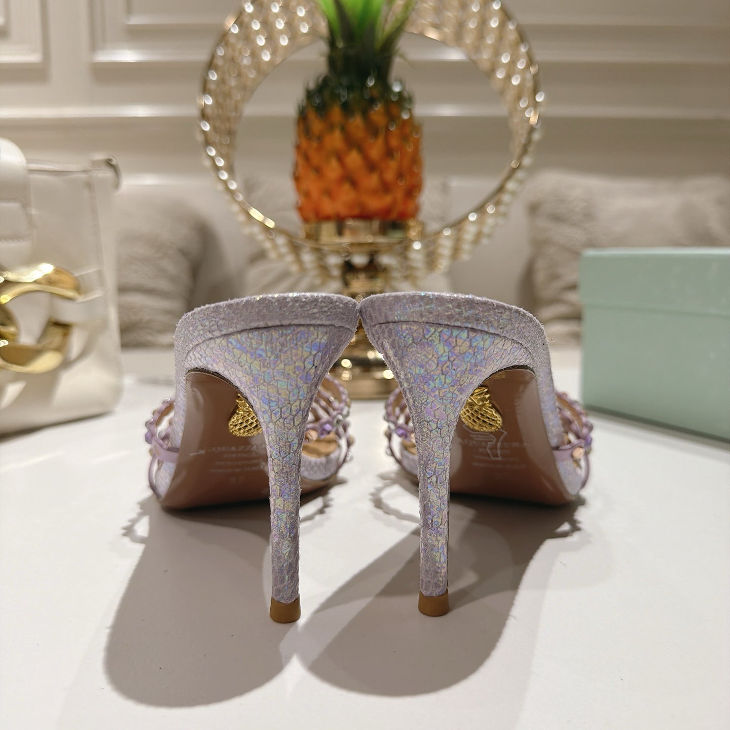 AQUAZZURA 26S HIGH-HEEL SANDALS 85 MM IN PASTEL PURPLE SNAKESKIN