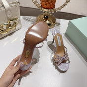 AQUAZZURA 26S HIGH-HEEL SANDALS 85 MM IN PASTEL PURPLE SNAKESKIN