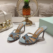 AQUAZZURA 26S HIGH-HEEL SANDALS 85 MM IN DUSTY BLUE SUEDE