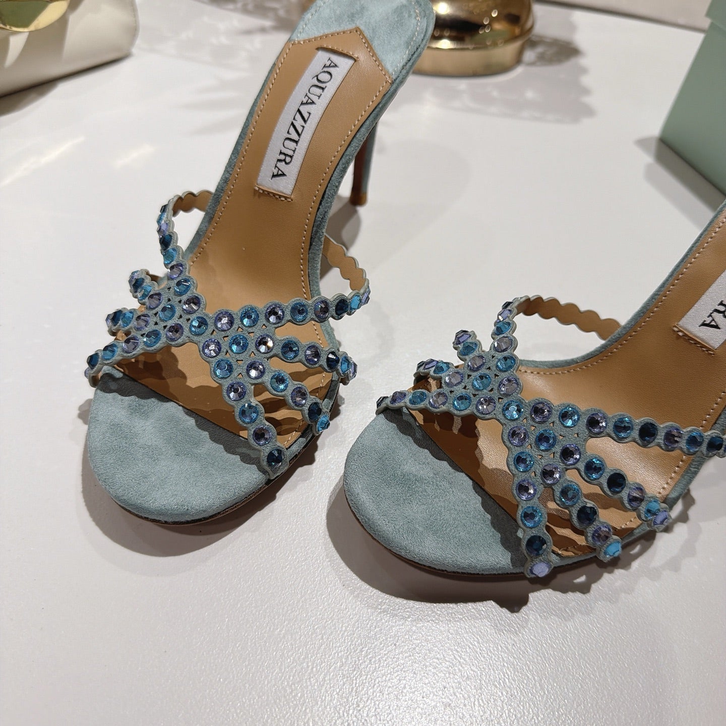 AQUAZZURA 26S HIGH-HEEL SANDALS 85 MM IN DUSTY BLUE SUEDE