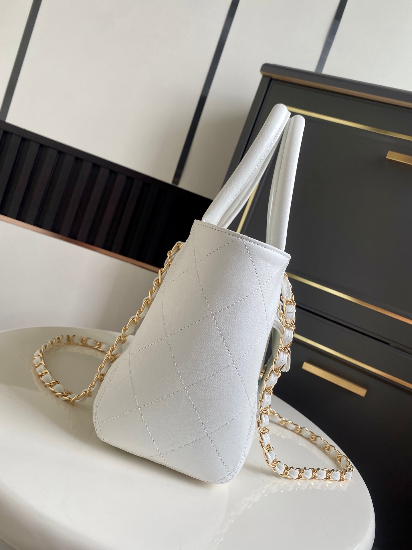 CHANEL 26S QUILTED SMALL SHOPPING TOTE 25 IN WHITE CAVIAR CALFSKIN GOLD HARDWARE