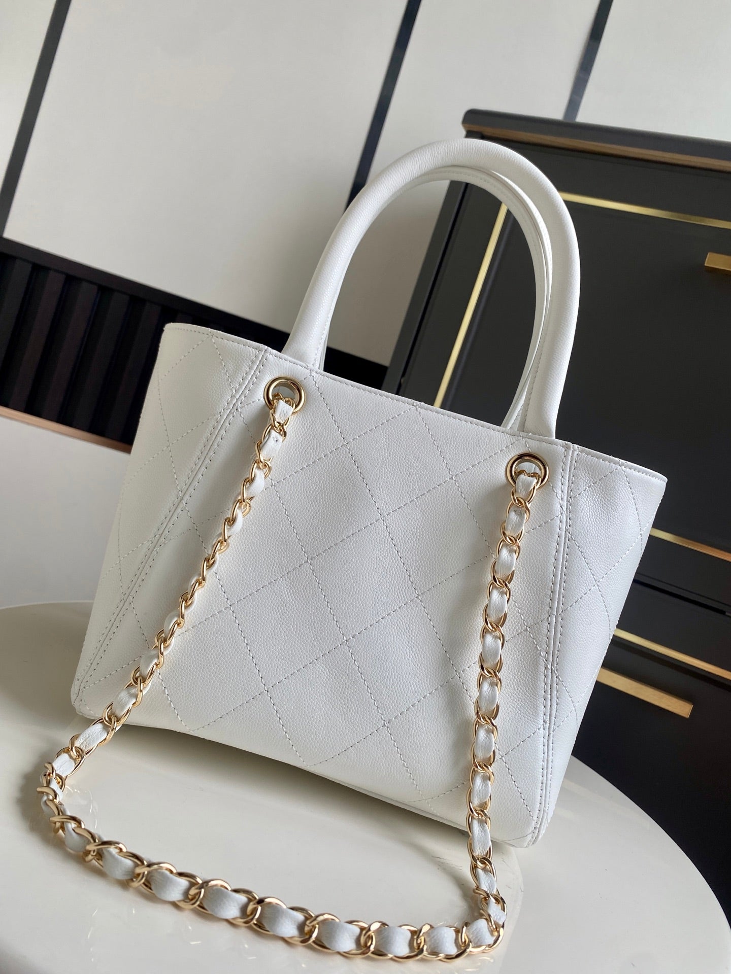 CHANEL 26S QUILTED SMALL SHOPPING TOTE 25 IN WHITE CAVIAR CALFSKIN GOLD HARDWARE