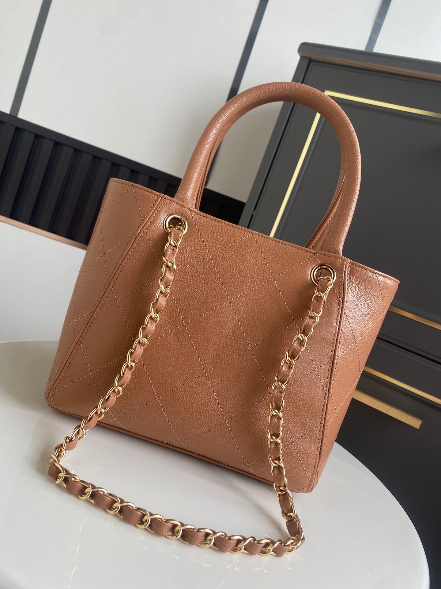 CHANEL 26S QUILTED SMALL SHOPPING TOTE 25 IN CARAMEL BROWN CAVIAR CALFSKIN GOLD HARDWARE