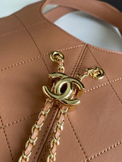 CHANEL 26S QUILTED HOBO LARGE BAG 35 IN CARAMEL BROWN CALFSKIN GOLD HARDWARE