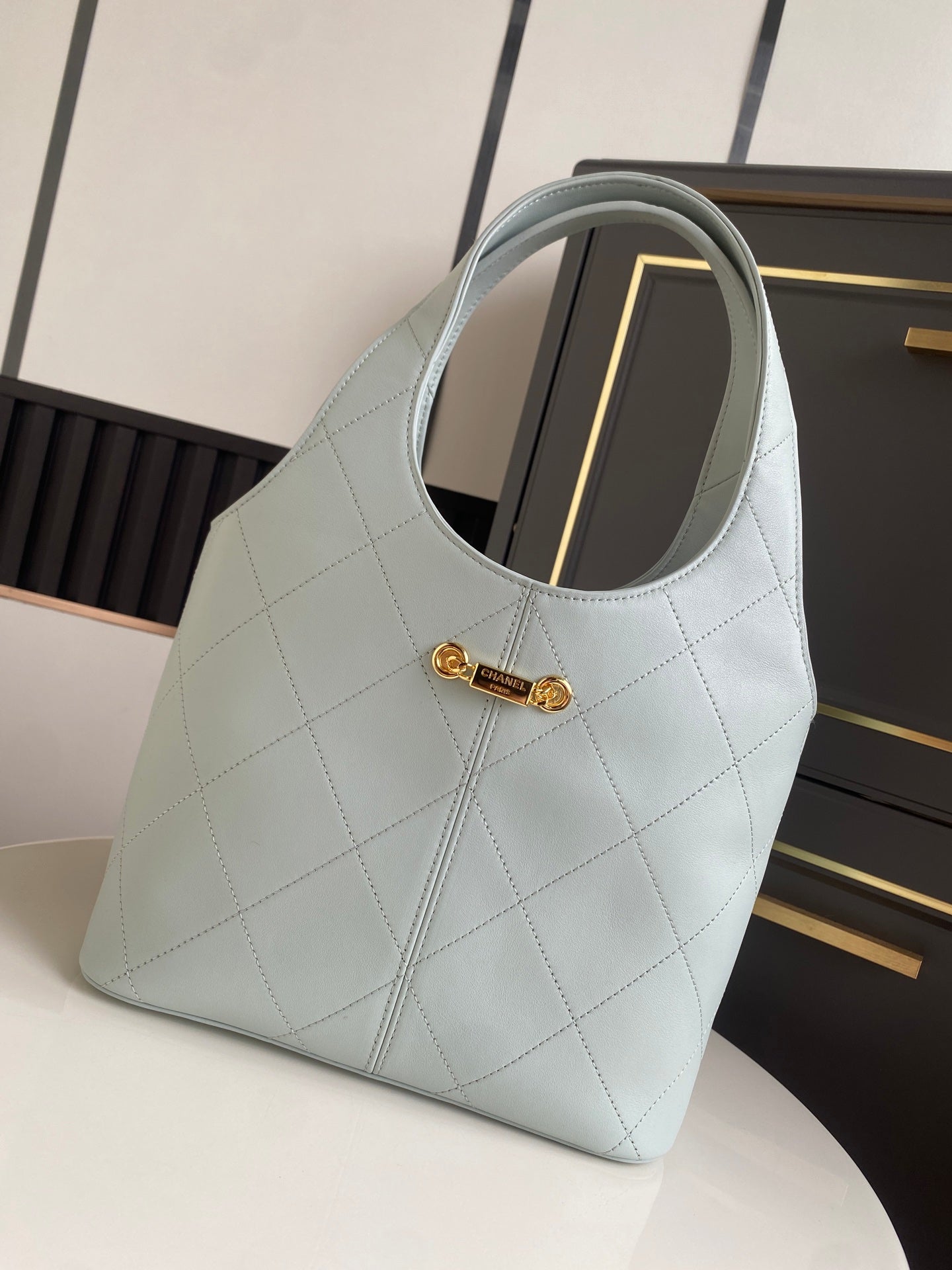 CHANEL 26S QUILTED HOBO LARGE BAG 35 IN PALE BLUE CALFSKIN GOLD HARDWARE