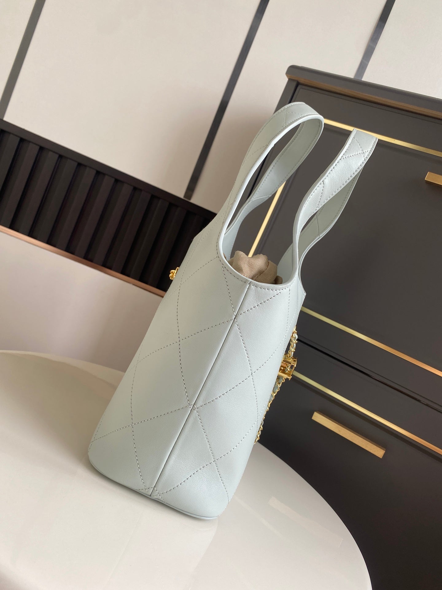 CHANEL 26S QUILTED HOBO LARGE BAG 35 IN PALE BLUE CALFSKIN GOLD HARDWARE
