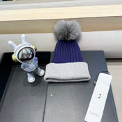 BEANIE HAT IN NAVY BLUE MIX LIGHT GRAY WOOL AND FOX FUR 422501