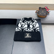 KNITTED BEANIE HAT IN BLACK MIX WHITE WOOL AND RABBIT FUR 426245