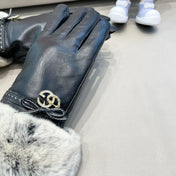 FUR-TRIMMED LAMBSKIN GLOVES BLACK WITH BOW 456265