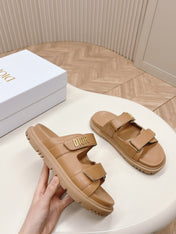 DIOR CLASSIC DOUBLE-STRAP SLIDES 25S IN LIGHT BROWN CALFSKIN