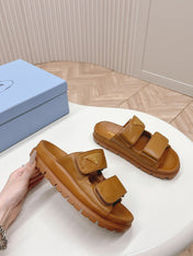 Pra Double Strap Slide 20 With Triangle Logo Tan Calfskin