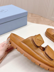 Pra Double Strap Slide 20 With Triangle Logo Tan Calfskin