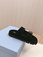 Double Buckle Strap Slides 20 Black Suede