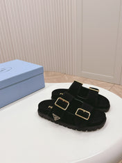 Double Buckle Strap Slides 20 Black Suede