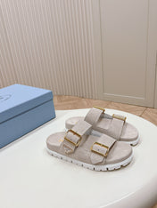 Double Buckle Strap Slides 20 Light Grey Suede