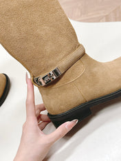 KNEE HIGH BOOTS IN CIDER BROWN SUEDE WITH SILVER BUCKLE