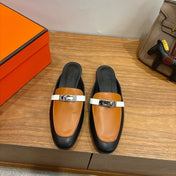 HM 26S KELLY MULE IN CARAMEL BROWN AND BLACK CALFSKIN GOLD HARDWARE