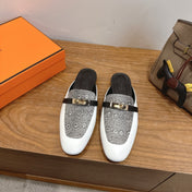 HM 26S OZ MULE IN WHITE CALFSKIN AND GREY CANVAS GOLD HARDWARE