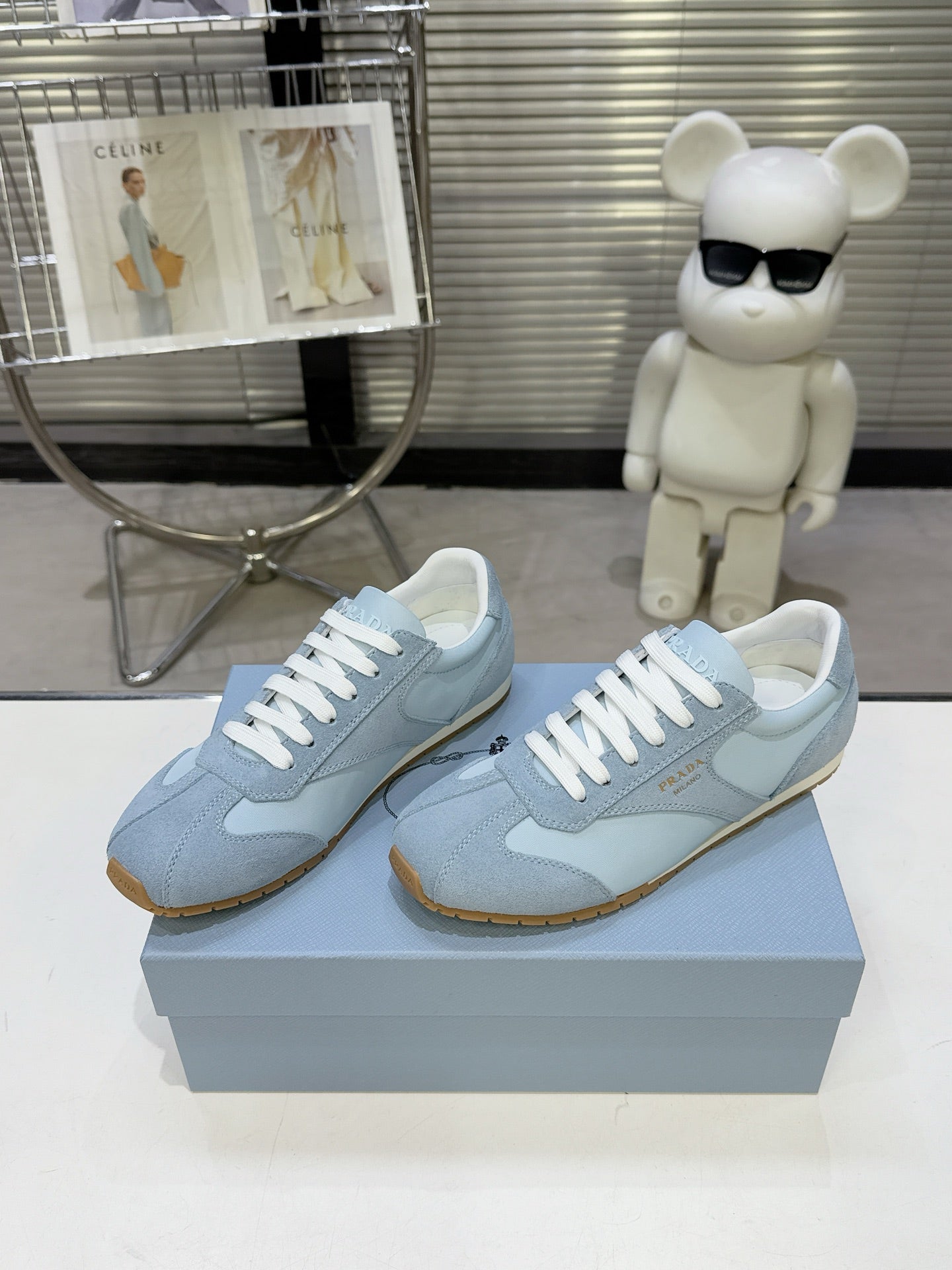 PRADA 26S LACE UP SNEAKERS IN LIGHT BLUE NYLON AND SUEDE