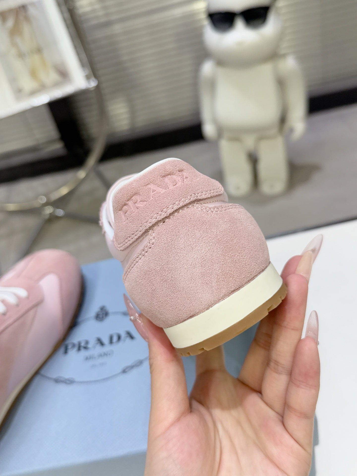 PRADA 26S LACE UP SNEAKERS IN PINK NYLON AND SUEDE