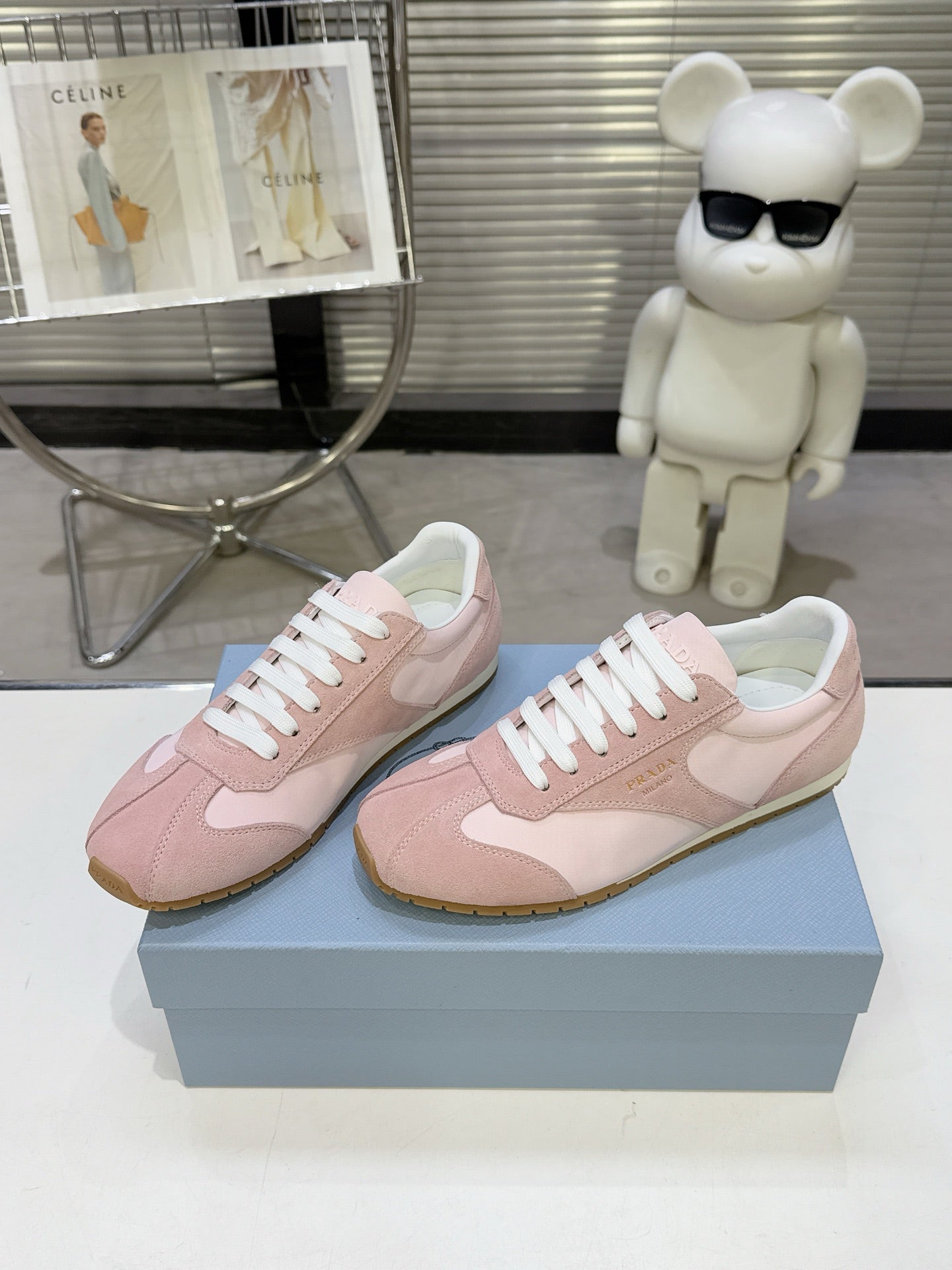 PRADA 26S LACE UP SNEAKERS IN PINK NYLON AND SUEDE