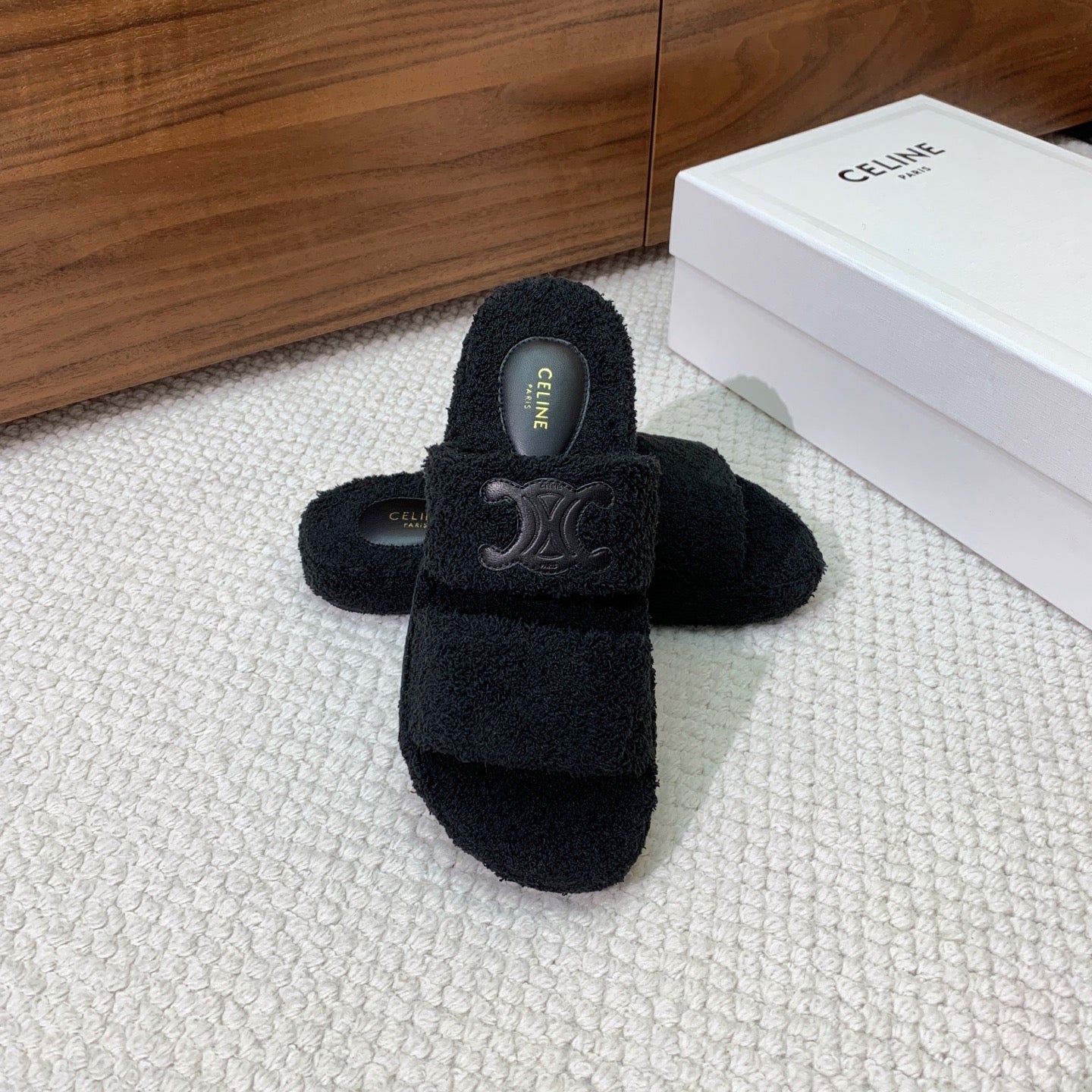 CELINE 26S TWO-STRAP SANDALS IN BLACK WOOL