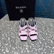 BALMAIN 26S HIGH-HEEL SANDALS 95 MM IN PALE LILAC PINK SUEDE AND FABRIC