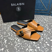 BALMAIN 26S CROSS-STRAP SLIDES IN BROWN CALFSKIN