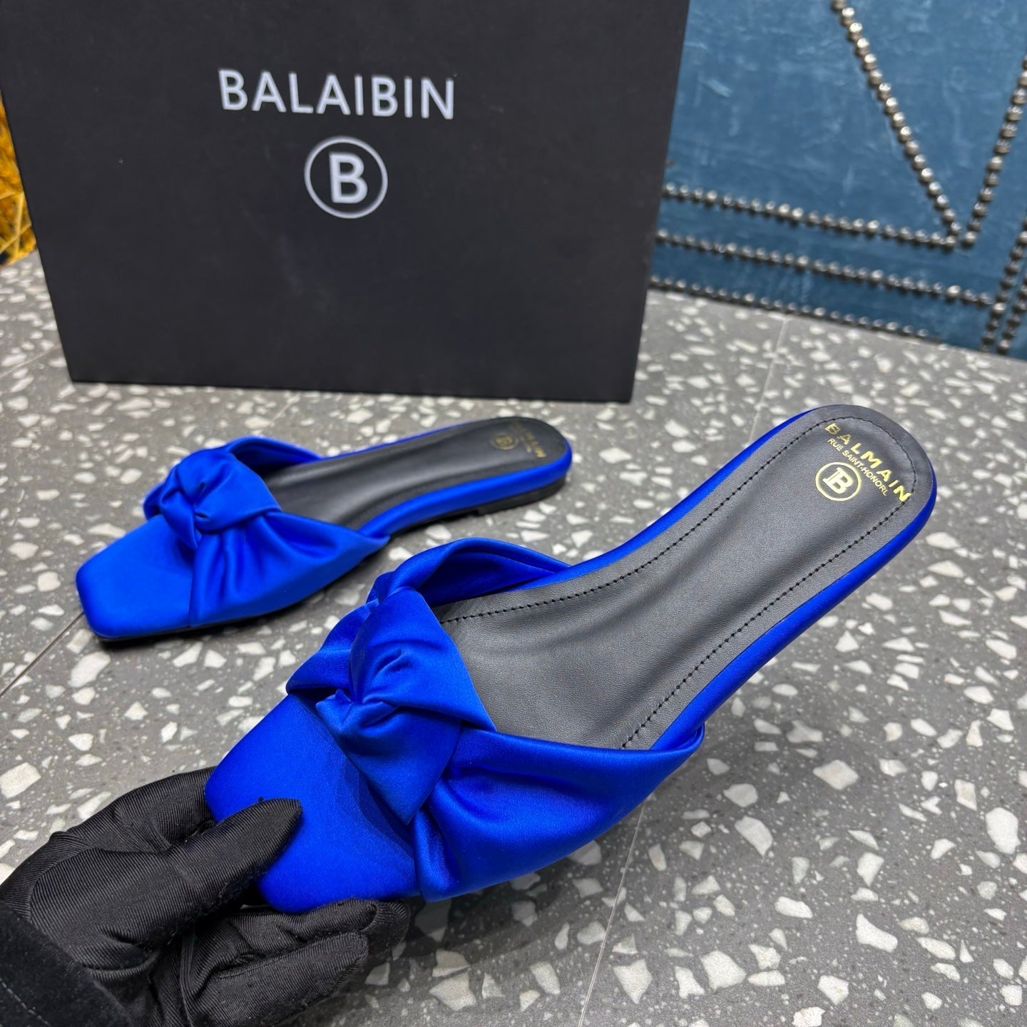 BALMAIN 26S SLIDES IN NAVY BLUE SATIN