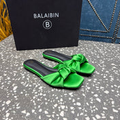 BALMAIN 26S SLIDES IN GREEN SATIN