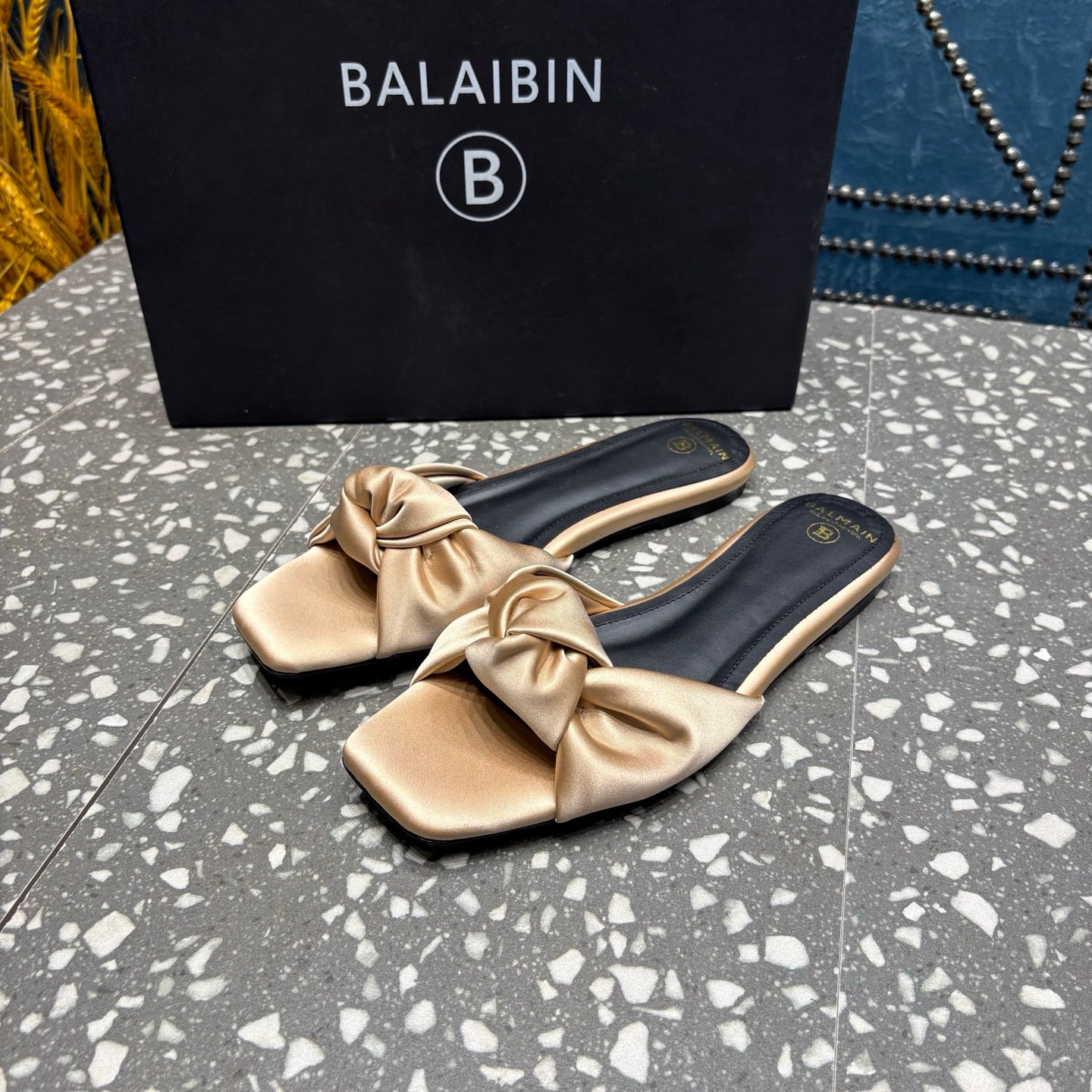 BALMAIN 26S SLIDES IN LIGHT WARM BEIGE SATIN