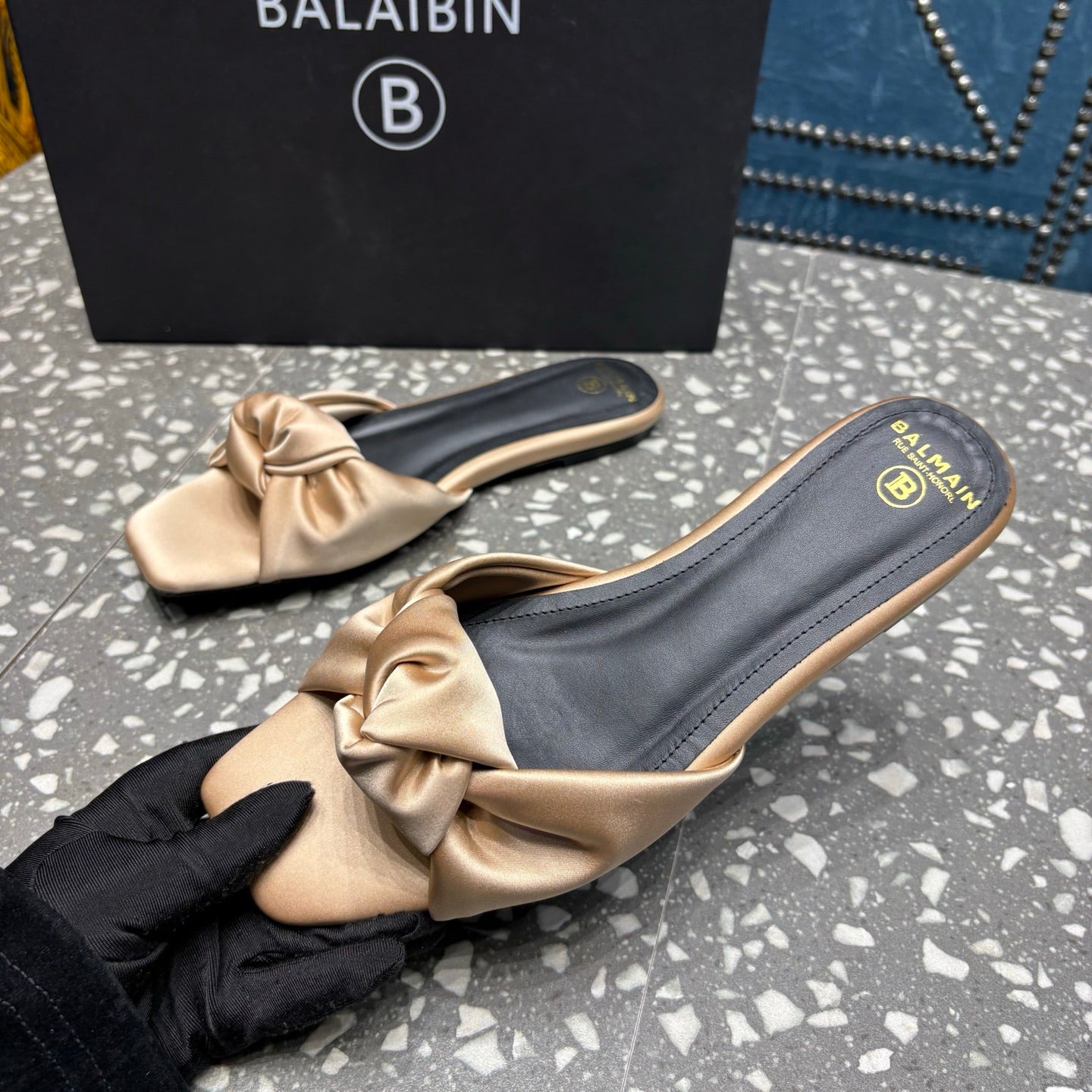 BALMAIN 26S SLIDES IN LIGHT WARM BEIGE SATIN