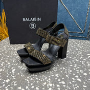BALMAIN 26S HIGH-HEELED SANDALS 105 MM IN BLACK CALFSKIN WITH GOLD STONE EMBELLISHED