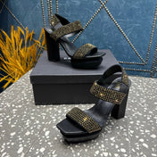 BALMAIN 26S HIGH-HEELED SANDALS 105 MM IN BLACK CALFSKIN WITH GOLD STONE EMBELLISHED