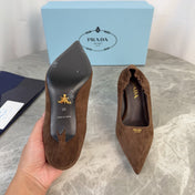 PRADA 25S HIGH HEELS 75 MM IN DARK BROWN SUEDE