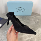 PRADA 25S HIGH HEELS 75 MM IN BLACK SUEDE