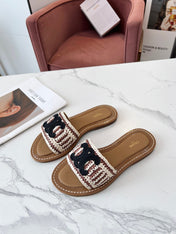 LYMPIA MULE WHITE MIX BROWN RAFFIA BLACK LOGO