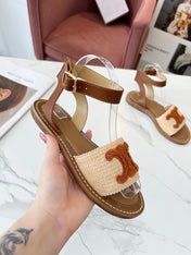 TRIOMPHE SANDALS BEIGE RAFFIA BROWN WOOL