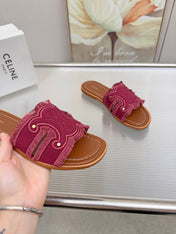 CELINE 26S TRIOMPHE SLIDE SANDALS IN BERRY PINK CANVAS