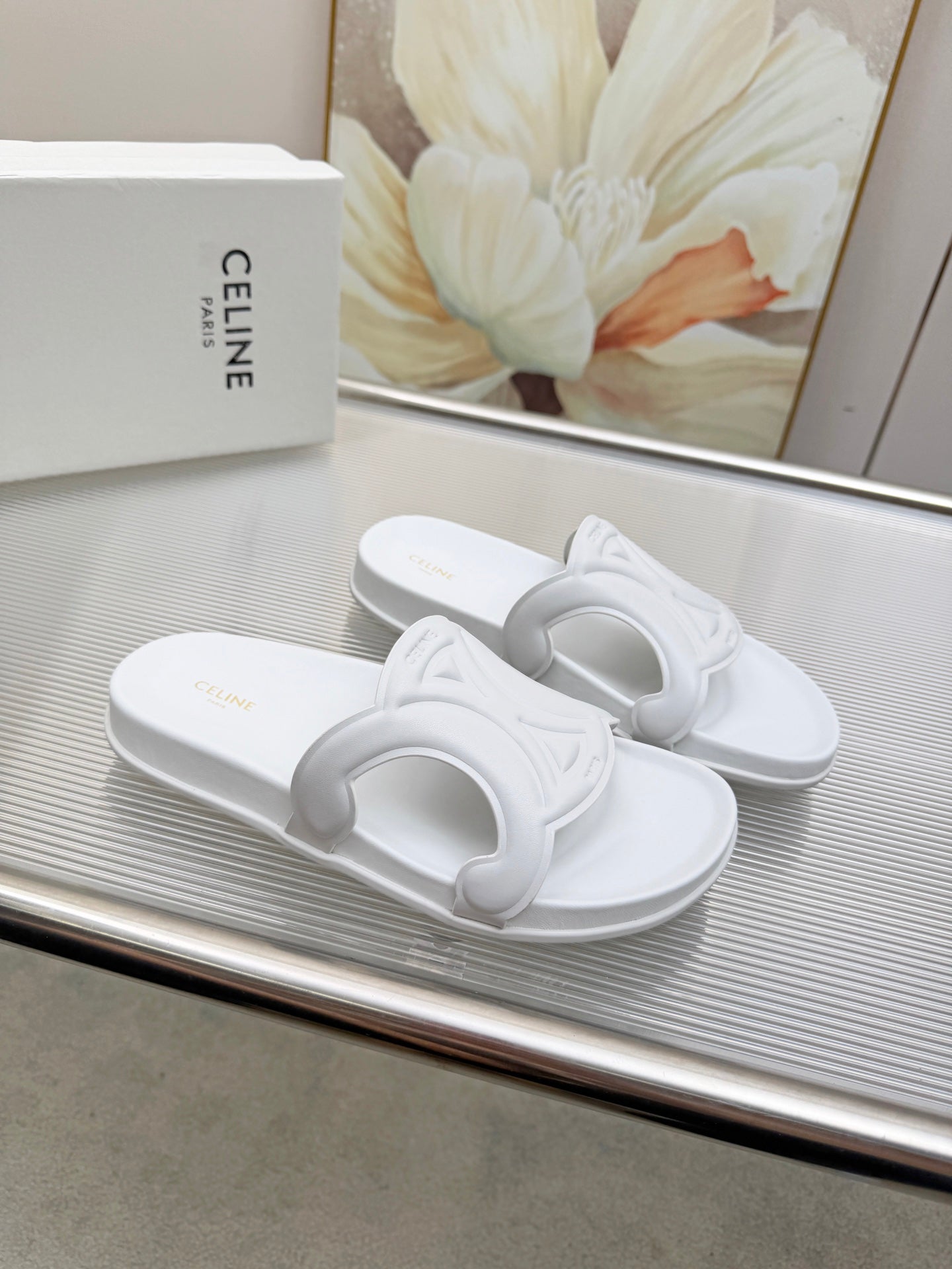 CELINE 26S TRIOMPHE SLIDES IN WHITE CALFSKIN