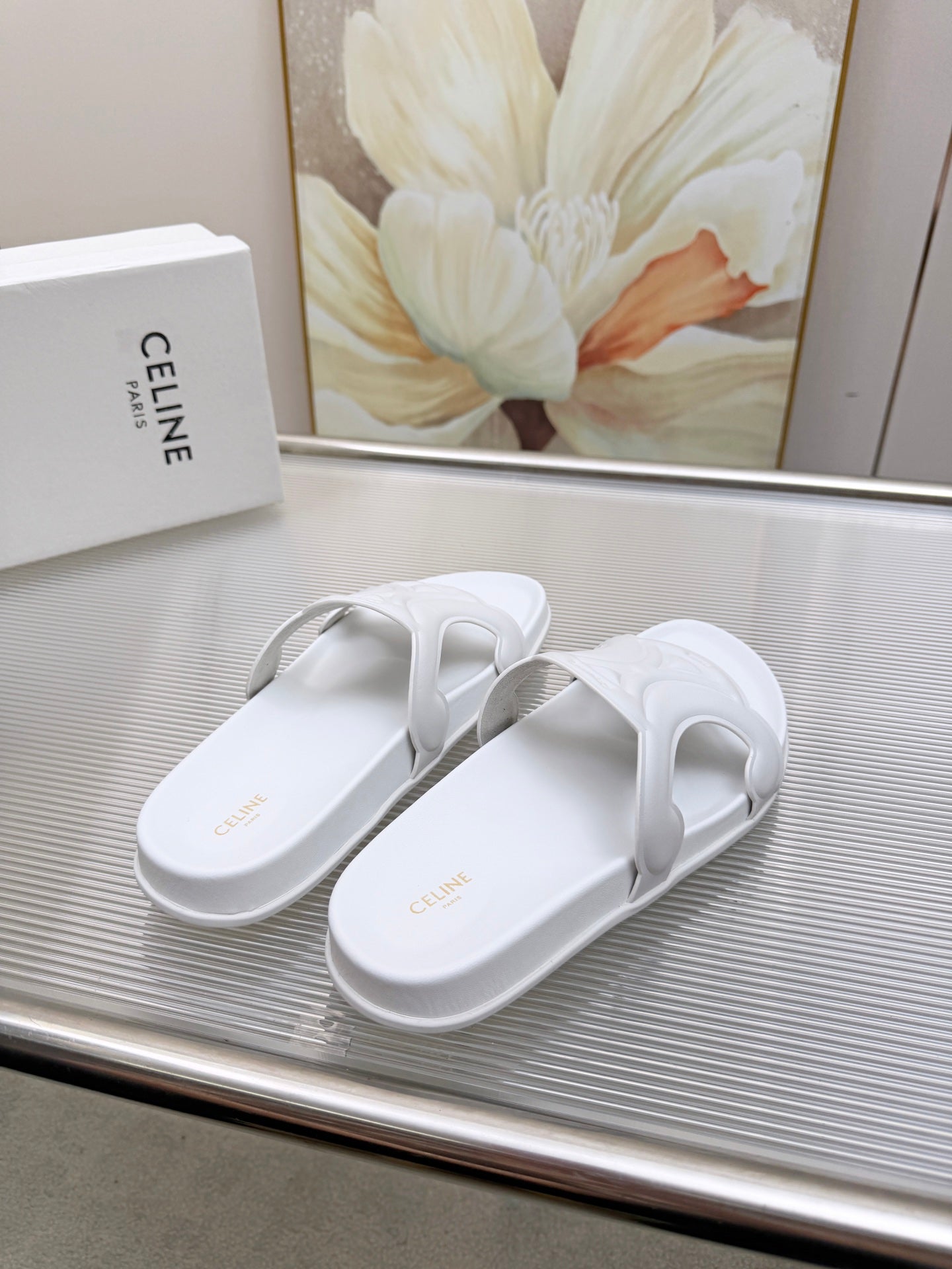 CELINE 26S TRIOMPHE SLIDES IN WHITE CALFSKIN