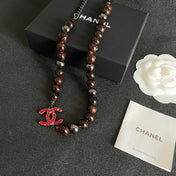 CHANEL 26S DOUBLE C LOGO RED CRYSTAL BEADED NECKLACE IN BLACK METAL 629968