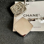 CHANEL 26S DOUBLE C LOGO CRYSTAL SQUARE DROP HOOP EARRINGS IN SILVER METAL 629984