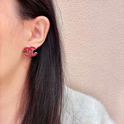 CHANEL 26S DOUBLE C LOGO RED ENAMEL STUD EARRINGS IN GOLD METAL 629991