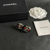 CHANEL 26S DOUBLE C LOGO MULTICOLOR CRYSTAL DOME STUD EARRINGS IN BLACK ENAMEL & GOLD METAL 630064