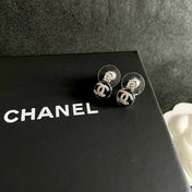 CHANEL 26S DOUBLE C LOGO BLACK ENAMEL CRYSTAL DROP STUD EARRINGS IN SILVER METAL 630075