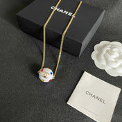 CHANEL 26S DOUBLE C LOGO WHITE ENAMEL CRYSTAL BALL PENDANT NECKLACE IN GOLD METAL 629889