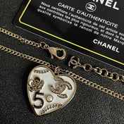 CHANEL 26S DOUBLE C LOGO NO.5 FLORAL HEART NECKLACE IN WHITE ENAMEL & GOLD METAL 630794